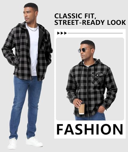 V VALANCH Men's Sherpa Lined Flannel Jacket with Hood – Zip Up Plaid Shirt Jacket Winter Outdoor Warm Outerwear Fleece Coat2
