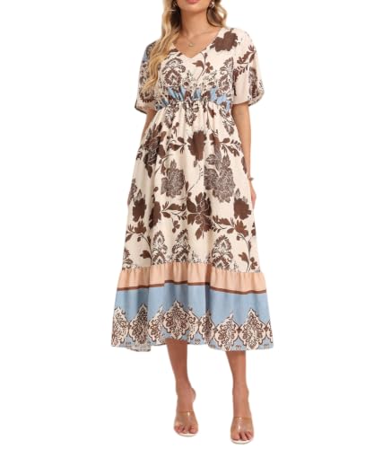 Image of Women's Summer Short Sleeve Maxi Floral Flowy Dresses with Pockets