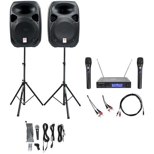 Rockville RPG122K Karaoke System Bundle - Dual 12" Powered PA Speakers 1000W, Wireless Microphone System, Bluetooth Connectivity, Speaker Stands & Cables Included (4 Items)