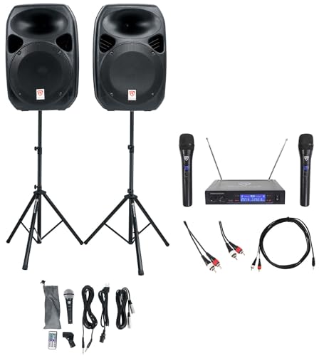 Rockville RPG122K Karaoke System Bundle - Dual 12' Powered PA Speakers 1000W, Wireless Microphone System, Bluetooth Connectivity, Speaker Stands & Cables Included (4 Items)