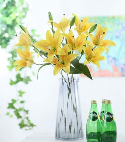 Image of VRB Dec 1 Pcs (3 Head) Lily Artificial Flowers Bunch Foam Flowers Sticks,Lily Artificial Flowers for Home Decor,Bedroom, Living Room, Table, Balcony, Office, Wedding, Pooja (Yellow Color)