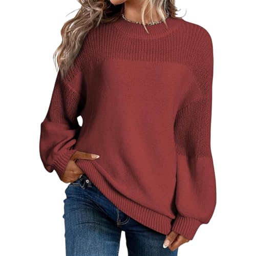 Generisch Suéter de punto suelto de manga larga informal con cuello redondo para mujer, suéter de punto grueso para el tiempo libre en otoño para tops de moda para mujer, borgoña, XL