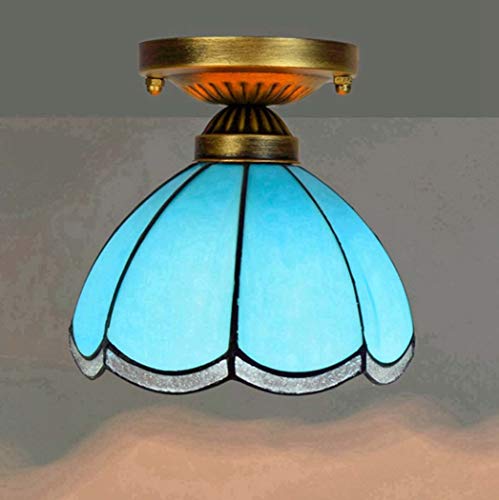 Plafond de style bleu rétro semi flush pendant light vitrail 8 pouces E27