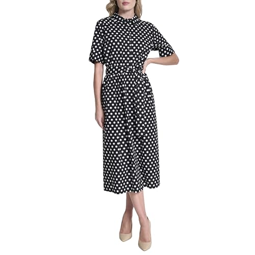 Image of DKNY Women's Short Sleeve Cotton Poplin Collared Midi Shirtdress