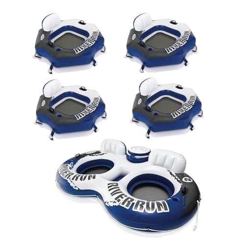 Intex River Run Connect 1 Person Inflatable Water Raft (4 Pack) Bundled with River Run II 2 Person Inflatable Floating Lounge with Cooler
