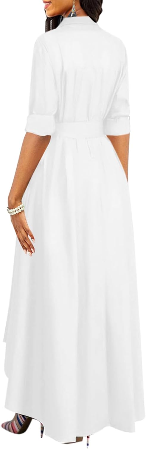 BestGirl Women's Button Down T-Shirt Dress Casual High Low V Neck Loose Long Dress with Belts - Image 2