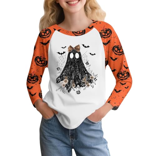 Halloween Girls Raglan Shirt Cute Witch Print Pumpkin Bat Pattern 3/4 Sleeve Casual Top Holiday Party Tee
