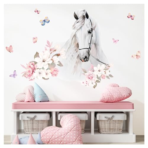 DEKO KINDERZIMMER Wandsticker Pferdekopf & Blumen Babyzimmer Wandtattoo Pferd Mädchen Wandaufkleber Schmetterlinge Wanddeko DK1048-4