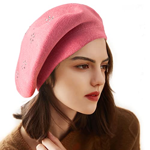 Ladybro Rhinestone Beret Hats For Women 2 Layers Wool French Hat Lady Winter Black Red (Dark Pink (Floral Pattern)) #TOP7