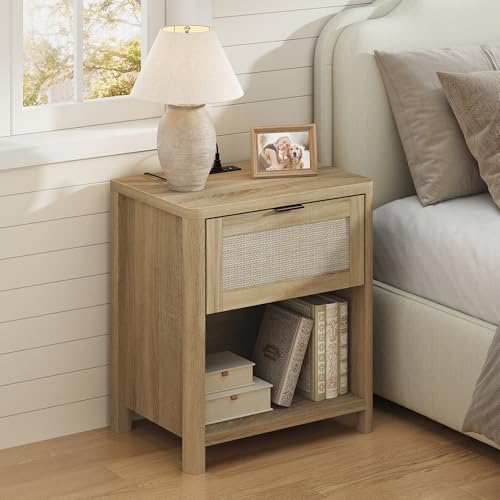 Image of Boho Nightstand with Charging Station, Large Bedside Table with Drawer & Open Storage Shelf, Mid-Century Modern End Table Rattan-Look Drawer, Accent Side Table with Rounded Corners for Bedroom