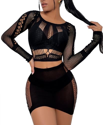 XIUSEMY Dessous-Sets für Frauen Netzoberteil und Minirock Set Beachwear Outfits (Schwarz)