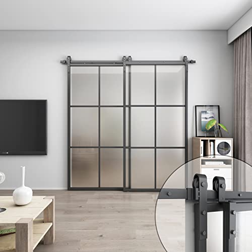 Barnsmith Bypass 84 X 84In Double Glass Barn Door With 7.5Ft Side-Mounted Hardware Kit, 2 Sets Of 42X84In Black Aluminum Tempered Frosted Glass Sliding Door, Assemble Required(2 * 42Inx 84In) #TOP5
