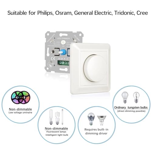 VIPMOON Dimmer Schalter 220-240V Dimmer für Led Lampen 5-200W Push-On/Off Rotary Phasenabschnittsdimmer für dimmbare LED Lampen, Glühlampe und Halogenlampe, Weiß