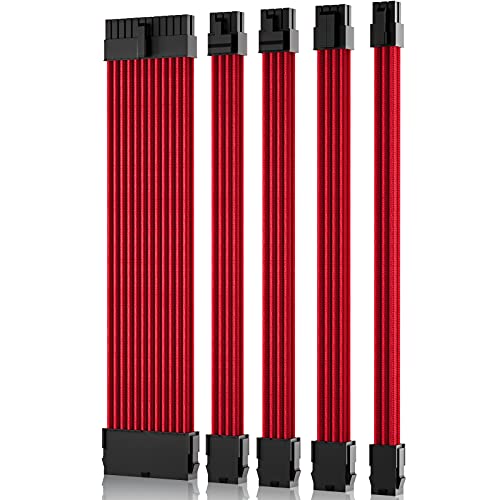 COOCAT Red PSU Sleeved Cable, PC Power Supply Cable Extensions Kit with Combs, 18AWG 24 Pin ATX, 8 to 4+4 Pin EPS, Dual 8 to 6+2 Pin PCIE, 6 Pin PCIE, 30CM