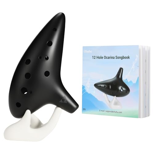 Ohuhu Ocarina Instrumento con cordón para el cuello y libro de canciones, 12 Agujeros Ocarine de Cerámica Alto C leyenda de Ocarina Flute Instrumento, expositor de mano y funda protectora