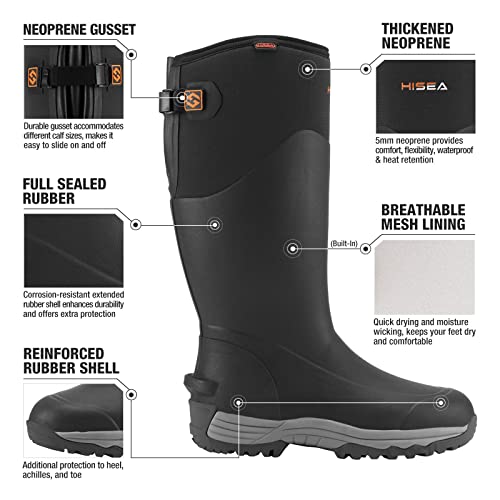 HISEA Rubber Rain Boots for Men, Waterproof Insulated Neoprene Hunting Boots, Durable Anti-Slip Outdoor Mud Boots for Hunting Gardening Farming Fishing Yard Working, Adjustable Calf2