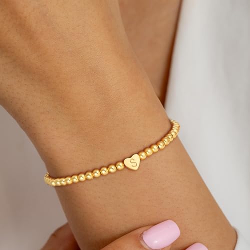 Gold Initial Bracelets for Women Girls Gifts - 18K Gold Plated Heart Initial Bracelet Teen Girl Gifts Trendy Stuff Dainty Beaded Bracelet Gold Bracelets for Women Girls Jewelry4