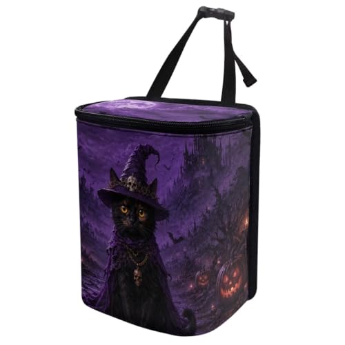 Image of Talayituse Purple Witch Black Cat Print Car Trash Can Portable Auto Garbage Bin Multifunctional Vehicle Interior Accessories with Adjustable Straps Universal Fit Truck SUV Sedan Halloween Decor