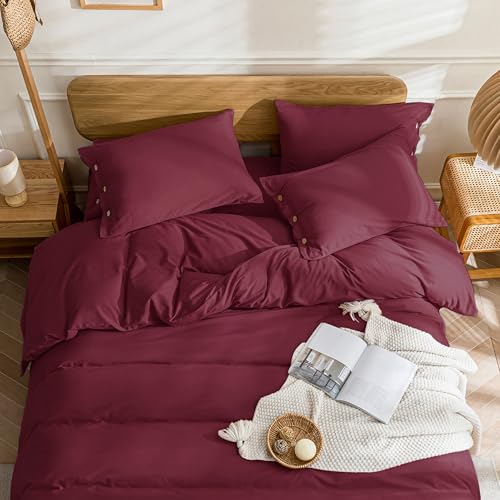 Image of JELLYMONI Cotton Duvet Cover Twin Size - Burgundy Comforter Cover with Button 100% Washed Cotton 2PCS Breathable Soft Solid Bedding Set Duvet Cover 68x90in & 1 Pillowcase (NO Comforter)