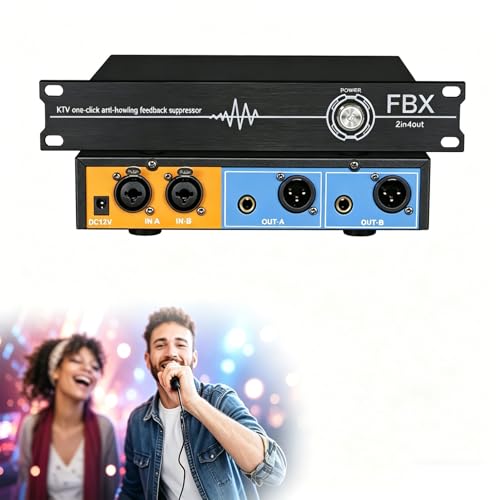 fnotlfue Professional Feedback Suppressor, Digital Feedback Eliminator, 2 in 2 Out Audio Processor, 6.35mm/XLR Interface, 5-Level Feedback Control, Gain Increase 5-14dB for Stage, Conference and KTV