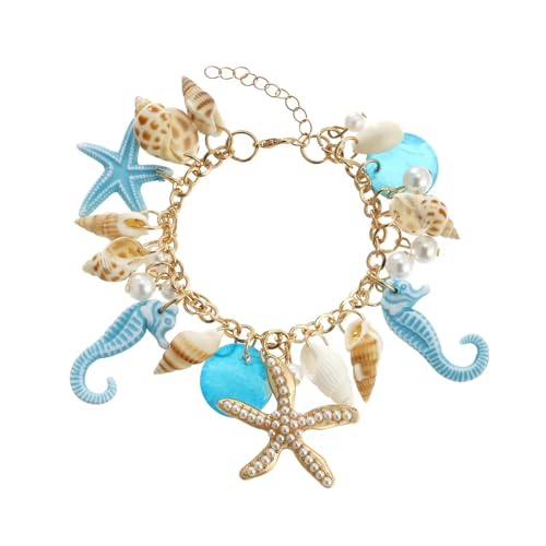 Bohemian Style Conch Starfish Seahorse Shell Pearl Bracelet Ocean Theme Beach Jewelry for Women Adjustable Bangle