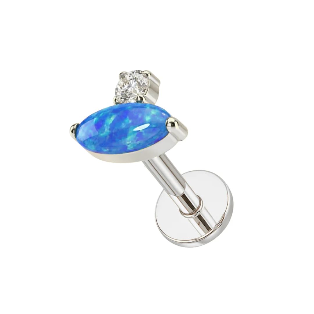 G23 Titan gewindelose flache Rückseite Ohrstecker für Frauen - ovaler Opal & Zirkonia CZ Knorpel Tragus Helix Labret Piercing Schmuck, hypoallergen, Sterlingsilber plattiert Push-In Körperschmuck