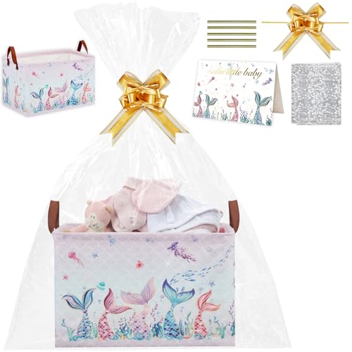 Pink Mermaid Baby Gift Basket with Gift Bags, Greeting Card and Ribbons Girl Storage Diaper Bag Baskets for Gifts Empty Toy Bin with Handles for Baby Shower Birthday Party(Mermaid Pink)