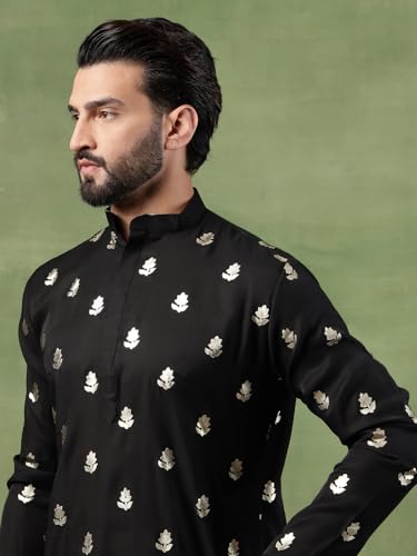 Image of SOJANYA (Since 1958 Men's Cotton Long Kurta with Golden Floral Motif Print
