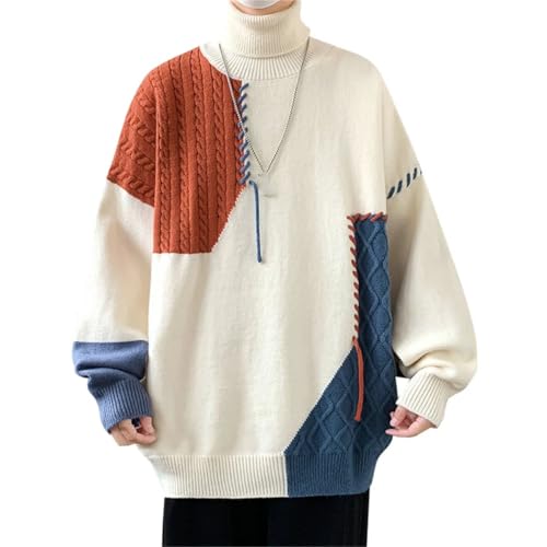 Men's Winter Knit Turtleneck Sweater Fashion Patchwork Knitted Casual Warm Streetwear Pullover2