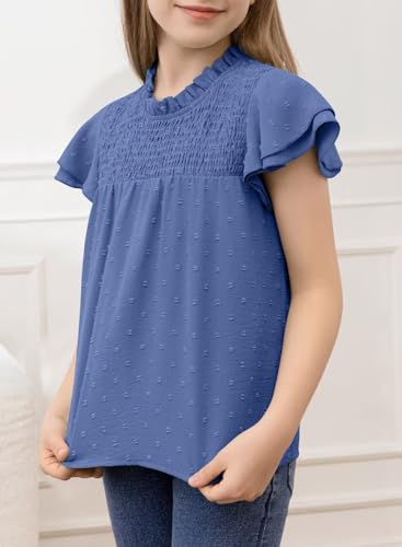 Image of DOKOTOO KIDS Girls Tops Short Sleeve Shirts Summer Blouse Size 6-15 Years | None Elastic Fabric, Ruffle Sleeve, Swiss Polka Dot, Smocked, Crew Neck, Key Hole Back, Dress Spring Outfit, Casual Tee