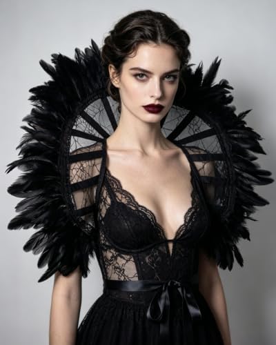 Feather Lace Shoulder Cape Gothic Stand up Collar for Halloween (Black) - image 4