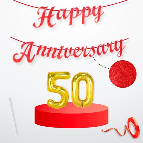 Image of Flyloons 50th Happy Anniversary Banner Red Decorations Kit for Men Women Wedding Anniversary Banner Items without Balloons Golden Jubilee