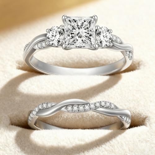Princess Cut Wedding Ring Sets for Women White Gold, 1-1/2 Carat(ctw) Moissanite Bridal Sets Platinum Plated Silver Engagement Ring Set Twisting Infinity Pave Set3