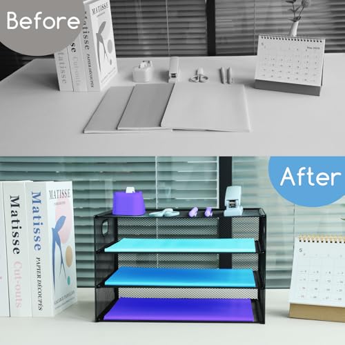 Organizador de Escritorio de 3 Niveles con Asa, Organizador de Archivos de Malla Extraíble para Oficina - Organizador de Escritorio de Malla - Organizador de Escritorio para Documentos A4, Negro - imagen 4