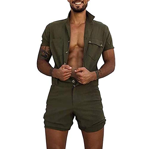 lexiart Mens Fashion Rompers Solid Color Jumpsuit Casual Button Down Shirts with Zip Green