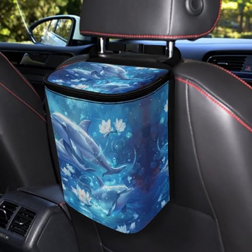 Image of DISNIMO Floral Dolphin Car Trash Can with Lid Leakproof Dustbin Vehicle Trash Bin, Portable Garbage Bin for Automotive Car, Home, Office, Kitchen, Bedroom