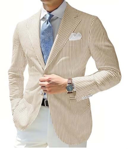 HUUTOE Mens Seersucker Blazer Slim Fit Casual Seer Sucker Suit Jacket Lightweight Beach Wedding Striped Sports Coat