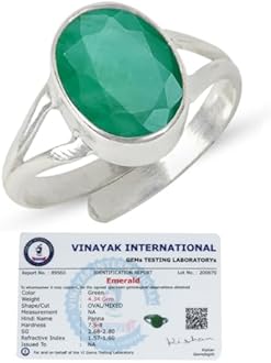 Reiki Crystal Products Natural Certified Panna Ring Emerald Ring Gemstone Ring Original Silver 925 Adjustable Ring for Women Men - 5 Ct Panna
