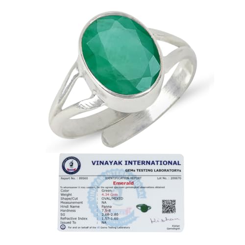 Reiki Crystal Products Natural Certified Panna Ring Emerald Ring Gemstone Ring Original Silver 925 Adjustable Ring for Women Men - 5 Ct Panna
