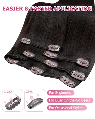 Image of YoungSee Clip in Hair Extensions Darkest Brown 135g Real Human Hair Clip-in Hair Extensions for Women, Thick Hair Clip in Extensions for Full Head 16Inch 7Pcs