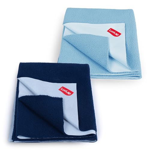 LuvLap Instadry Waterproof Baby Dry Sheet, Medium Size 70x100 cm, Extra Absorbent Quick Dry Sheet for New Born,Toddler, Anti-Piling Fleece for Baby, Bed Protector, Pack of 2, Navy Blue & Sky Blue