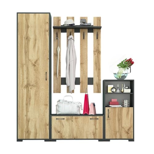 Set di Mobili per Ingresso Moderni con Armadio a Colonne, Appendiabiti a Parete con Ganci e Mensola, Specchio Mobiletto e Scarpiera Bassa, Arredamento per Ingresso Rovere e Grigio Antracite IG21