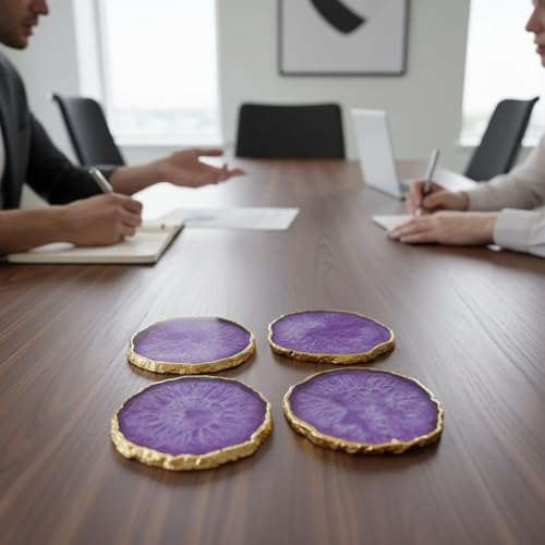 Image of Natural Agate Stone Tea Coasters Set | Premium Stone Coasters for Tea, Coffee & Glass | Heat Resistant Coasters for Dining Table, Office Desk & Home Decor | Pack of 4 | Color -Purple