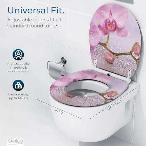 Image of Sanilo Wooden Toilet Seat with Quick Release & Soft Close [ROUND] - Decorative & Slow Close Molded Wood Seat - With One Click for Easy Installation & Cleaning - With Adjustable Fit (Blooming)