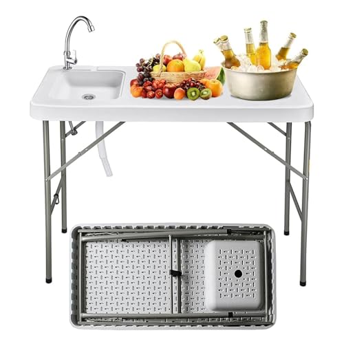 JNTKE Fish Cleaning Table with Sink, 47.2'' Portable Folding Camping Outdoor Fillet Station with Detachable Faucet, Drainage Hose for Picnic Camping Kitchen Gardening White
