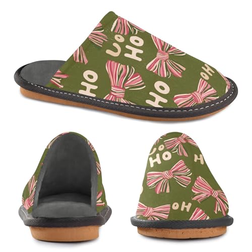 Slippers for Women Pink and Green Stripes Bow Pattern Soft Winter Warm Shoes Indoor Outdoor Non-Slip House Travel Slippers4