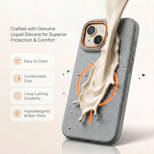 Image of amazon basics Luxury MagSafe Compatible Leather Texture Back Cover for iPhone 13 | Raised Camera Protection | Slim Fit Shockproof Case with Metallic Accents (Gray)