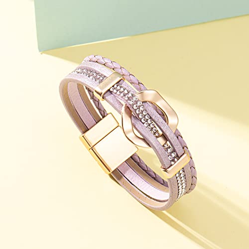 Fancy Shiny Leather Cuff Bracelet Circle Rhinestone Wrap Bracelet Stackable Multi Layer Wristband With Clasp Boho Jewelry Gift For Women(Purple) #TOP4
