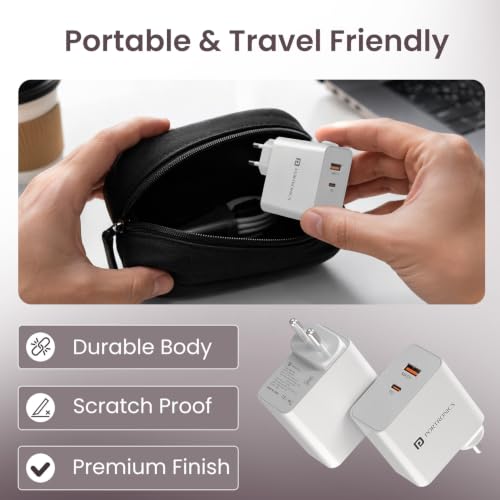 Image of Portronics 45W Adapto 45B Dual Port Fast Charging Adaptor with Type C PD Port & USB-A Port, 1M Type C Cable, PPS Technology, Supports iPhone, Samsung, Tablets & Laptops(White)