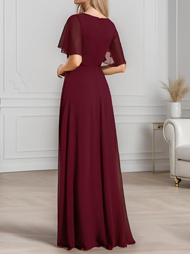 Image of Ever-Pretty Women's Spring Short Sleeve Bridesmaid Dresses V-Neck Chiffon Ruched Empire Waist Appliques Long Formal Dress